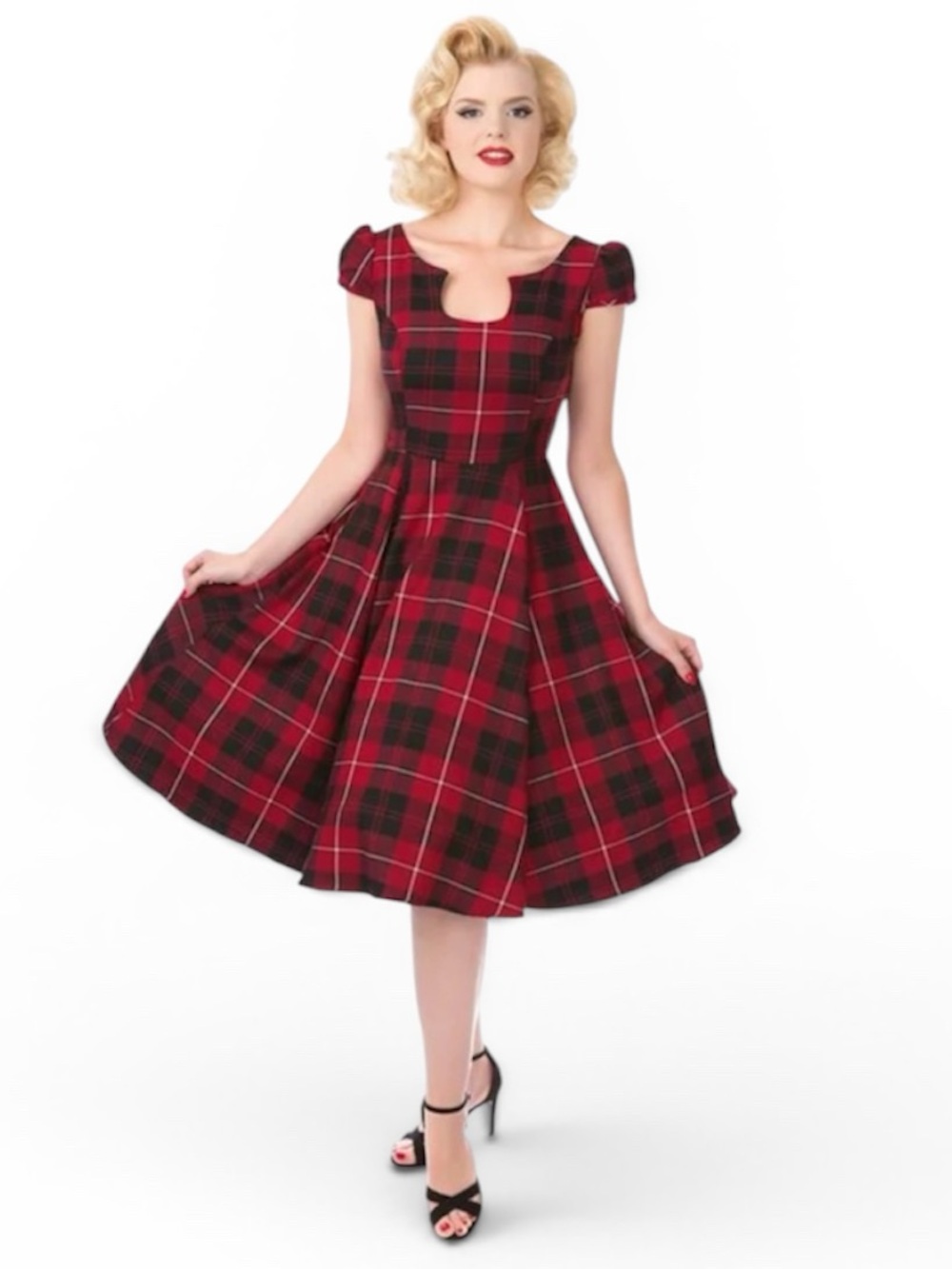 Hearts & Roses Berry Plaid Retro Pinup Style Dress